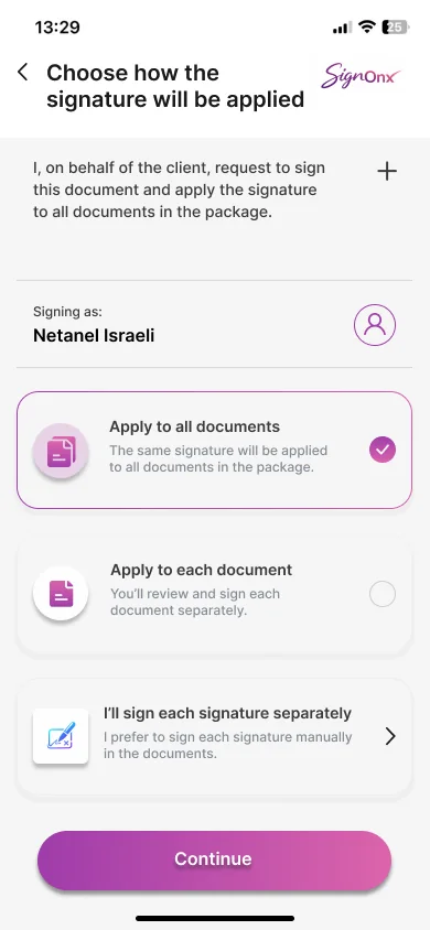 SignOnX signature options screen